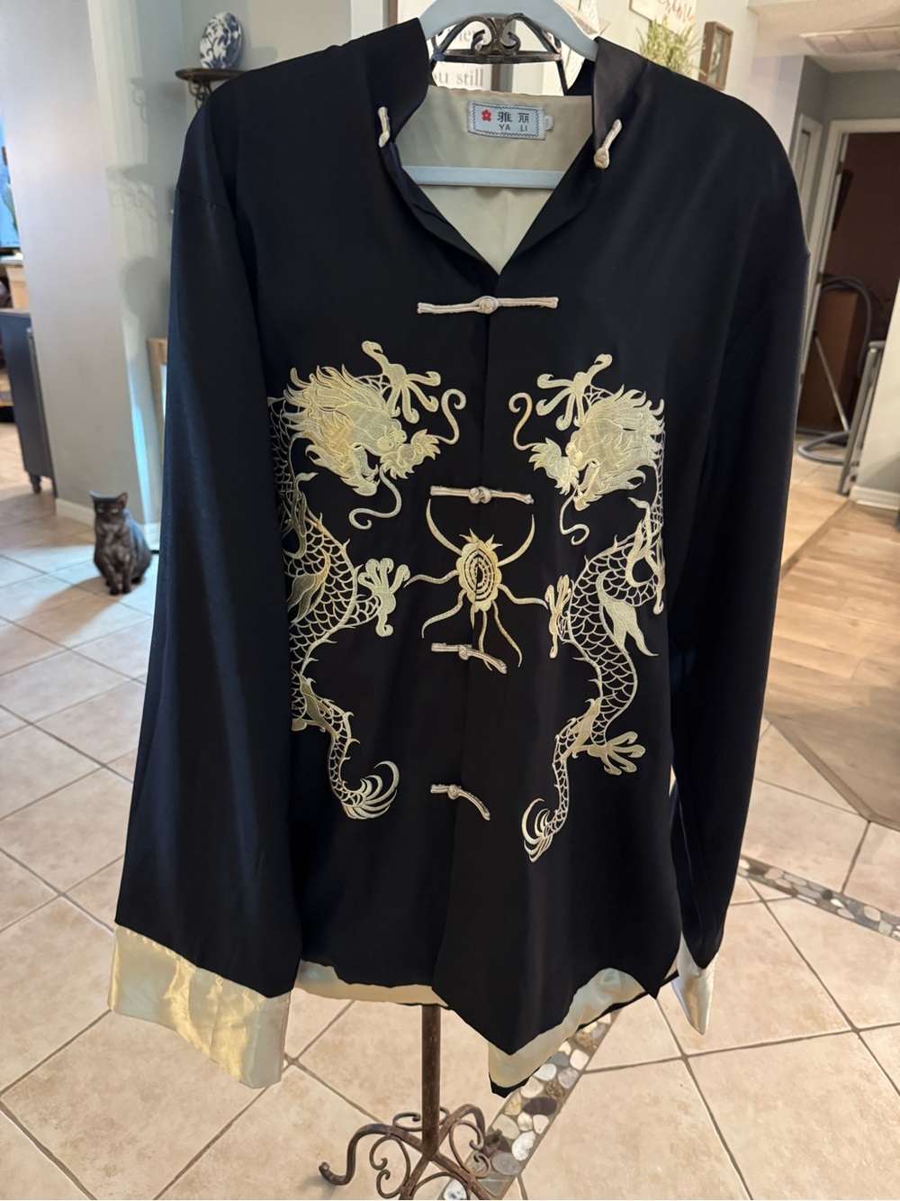YA LI Black Embroidered Dragon Chinese Frog Closure Jacket Shirt Top Unisex